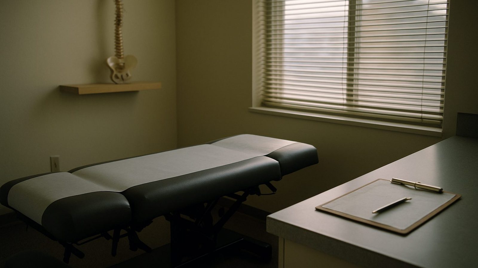 An empty chiropractic exam room in early light, an adjusting table with fresh paper, a small spine model on a wall shelf, a clipboard and pen on the counter by the window