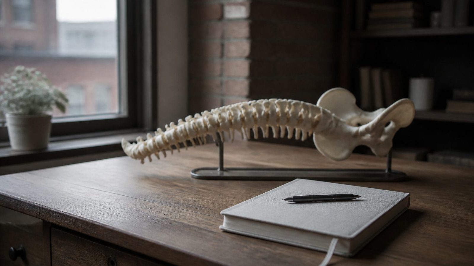 An articulated spine model on a stand on a wooden desk by a window, a closed notebook and pen in front of it