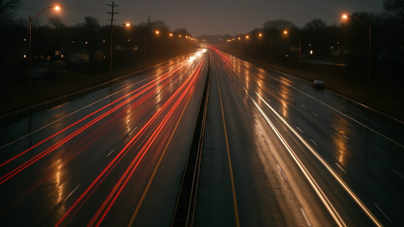 A suburban interstate at night seen from an overpass, red taillight streaks on wet pavement under sodium streetlights, one car stopped on the far shoulder