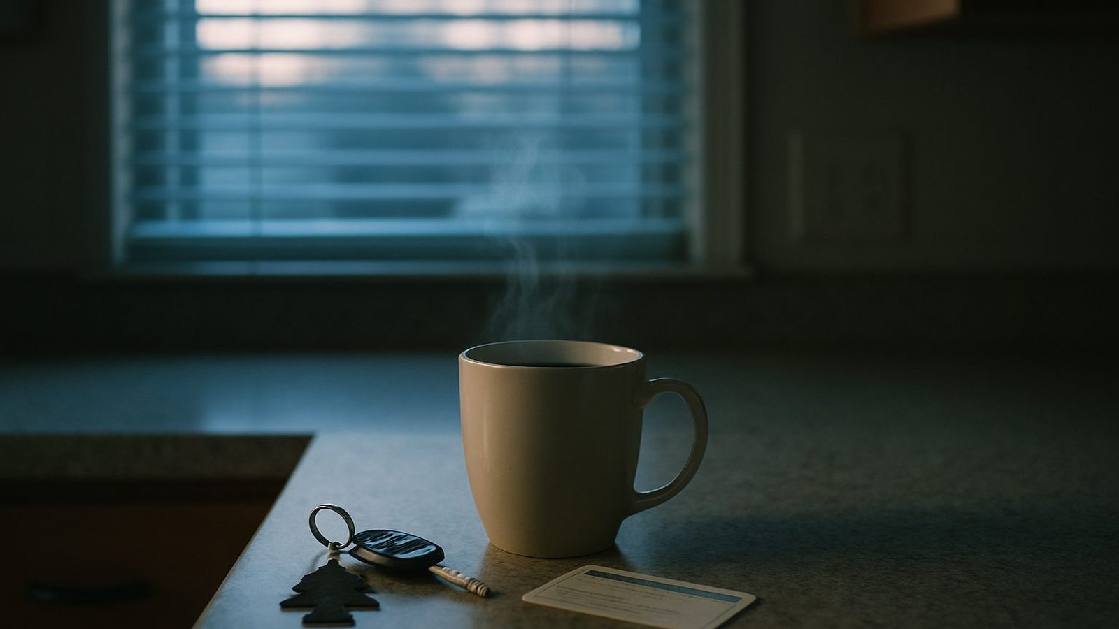 A kitchen counter at dawn with a steaming mug of coffee, a set of car keys, and an insurance card laid beside it, blinds half open behind