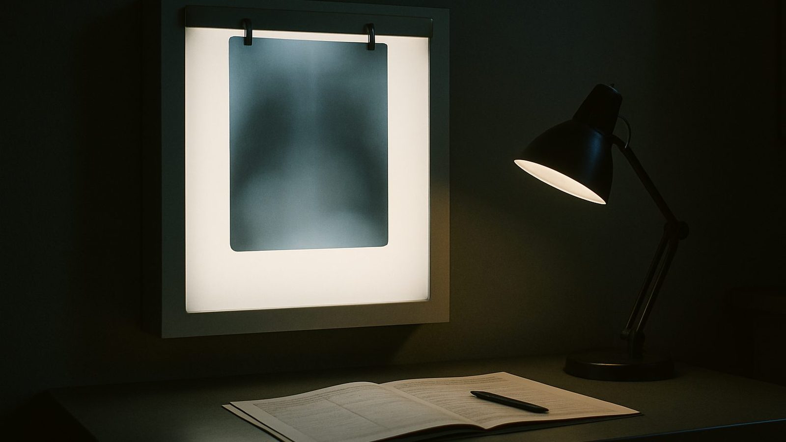 A wall-mounted x-ray lightbox glowing in a dim room with a blank film clipped to it, a desk lamp lit over an open paper chart and a pen below
